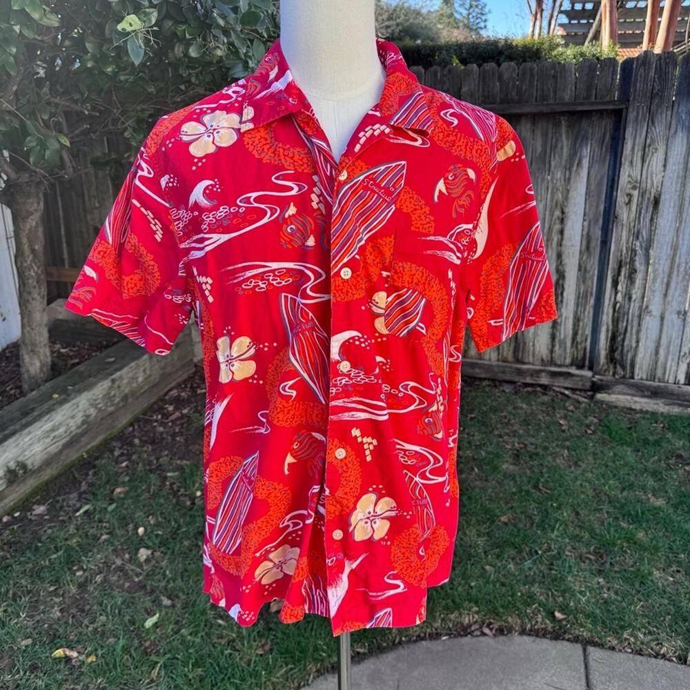 Structure Red Hawaiian Surfboard Floral Camp Shirt 100% Cotton Men's Size XL